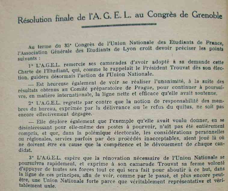 Résolution finale de l’AGEL au congrès de Grenoble. Lyon étudiant 1946