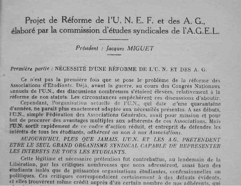 Le projet élaboré dans la commission d’études synidicales de Lyon sous la présidence de Jacques Miguet. Lyon étudiant 1946
